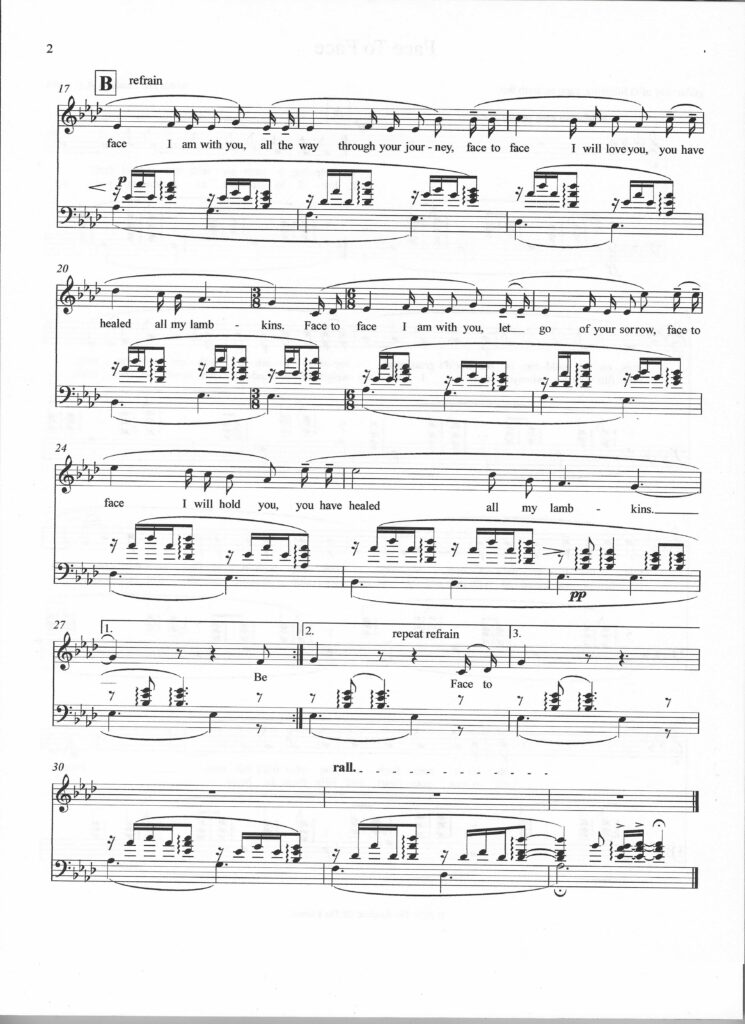 Second page of the spiritual song entitled "Face To Face" by d. g. watts, for vocalist and guitar. Copyright January 2024 The Kindred Of The Eternal.